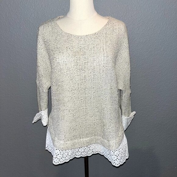 Anthropologie Saturday Sunday cream black textured top eyelet lace boho -M - Picture 1 of 11
